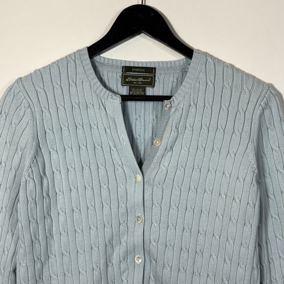 Eddie Bauer Icy Blue Cardigan Cable Knit Sweater Small Vintage Preppy Buttons - Picture 2 of 9